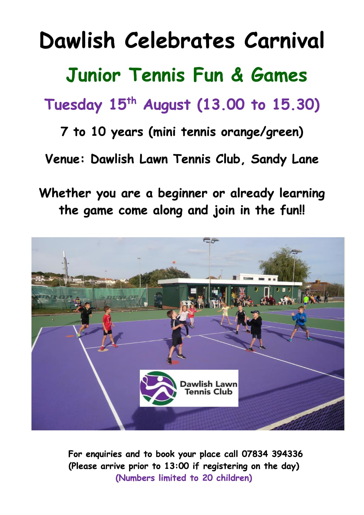 Dawlish Lawn Tennis Club - Information poster for Junior Tennis Fin & games on 15th August 2023